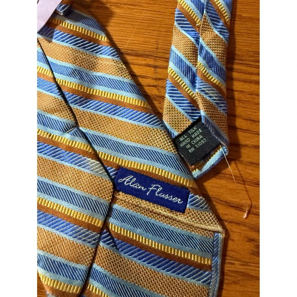 Alan Flusser 100% Silk Striped Neck Tie Orange Brown Blue EUC
